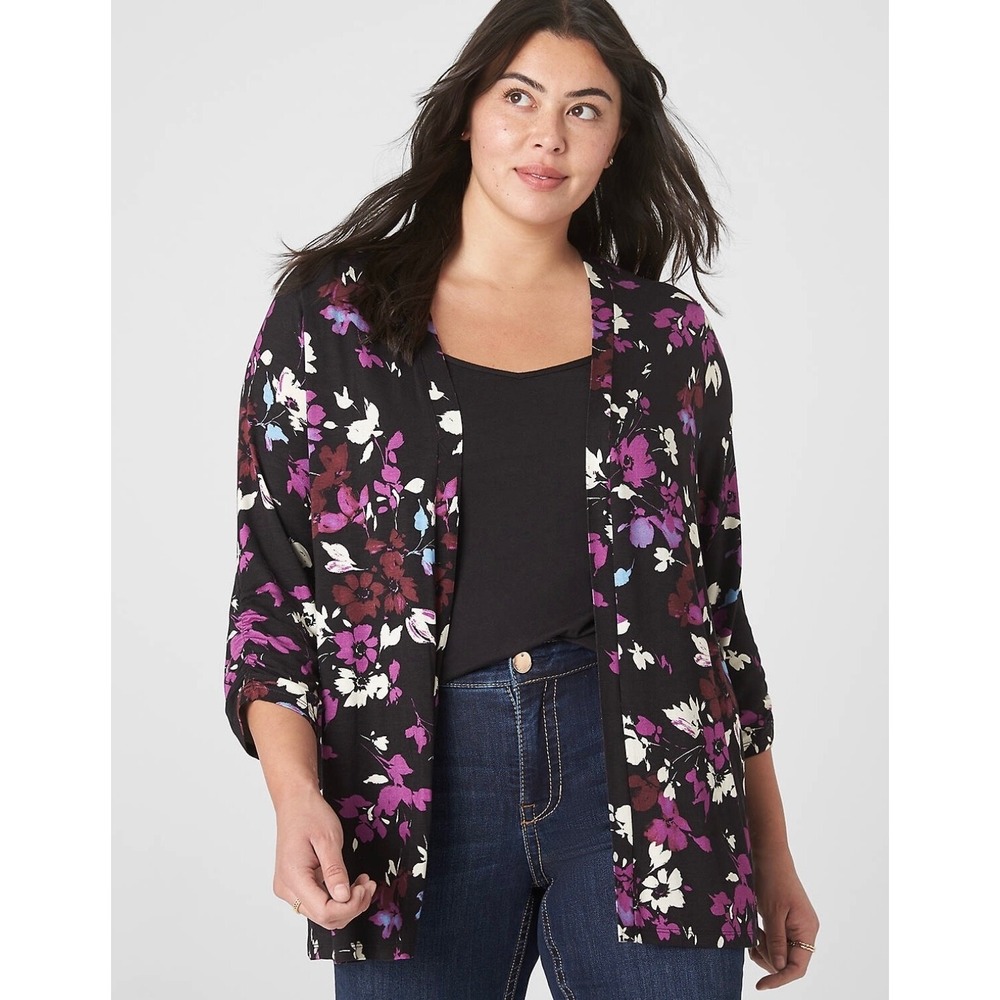 Lane Bryant Women's 22/24L Black & Purple 3/4 Ruched Sleeves Open Overpiece NWT